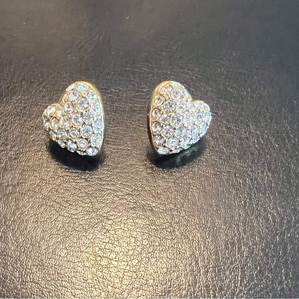 Swarovski pave puff heart pierced earrings. Gold plated, perfect condition.
